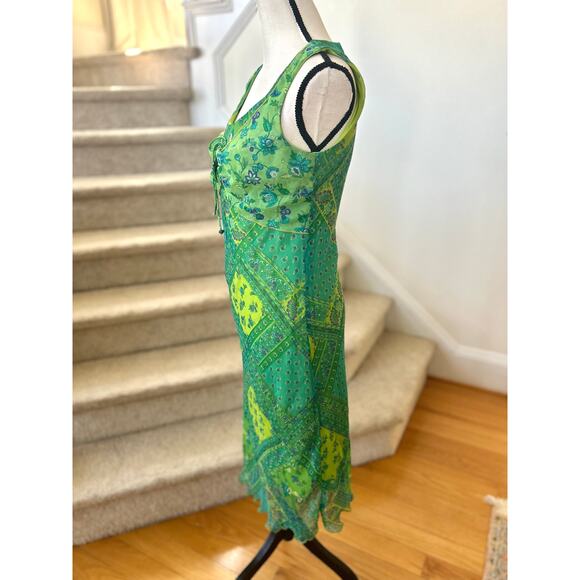 Vintage Y2K Sangria Green Block Print Floral Sleeveless Slip Dress Fairy Goddess - Picture 3 of 8